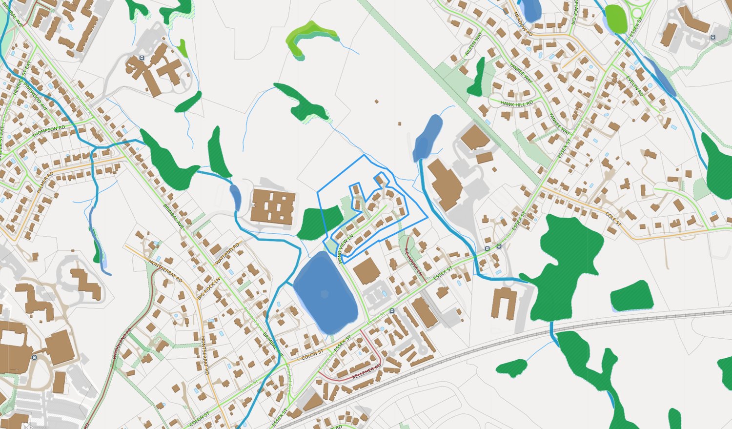 Beverly parcel-viewer map of the neighborhood, north up — the subdivision outlined, Kelleher Pond to the south/southwest, the YMCA and wetland corridor to the east