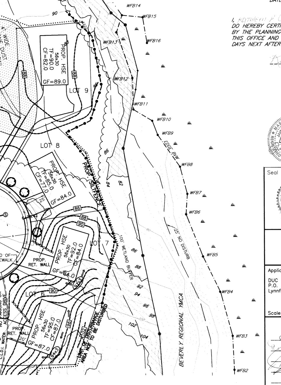 Recorded topographic plan detail — the surveyed wetland edge (WFB flags), 100-ft wetland buffer, and 25-ft no-disturb lines behind the upper lots